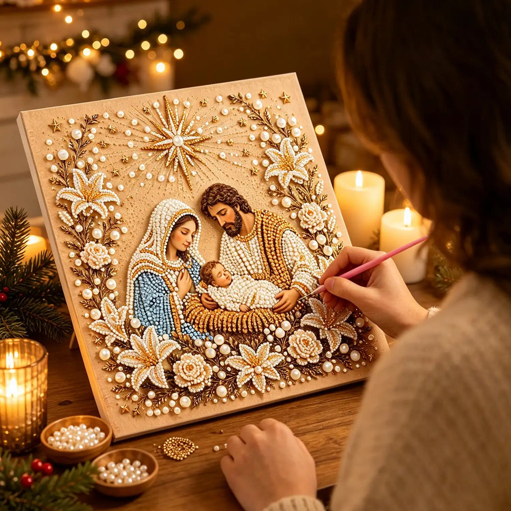 DIY Jesus Pearl Diamond Art Kits for Adults,5D Craft Bead Wall Art,10X10 inches Framed Pearl Art Kit,Holy Family Mosaic Painting,Christian Home Wall Decor,Religious Gift for Faith Believer
