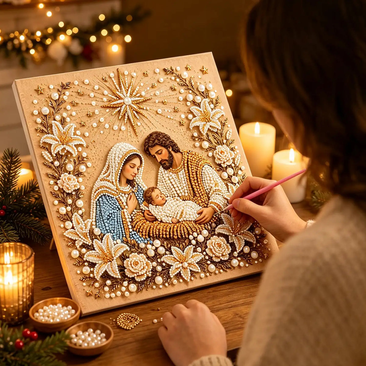 DIY Jesus Pearl Diamond Art Kits for Adults,5D Craft Bead Wall Art,10X10 inches Framed Pearl Art Kit,Holy Family Mosaic Painting,Christian Home Wall Decor,Religious Gift for Faith Believer