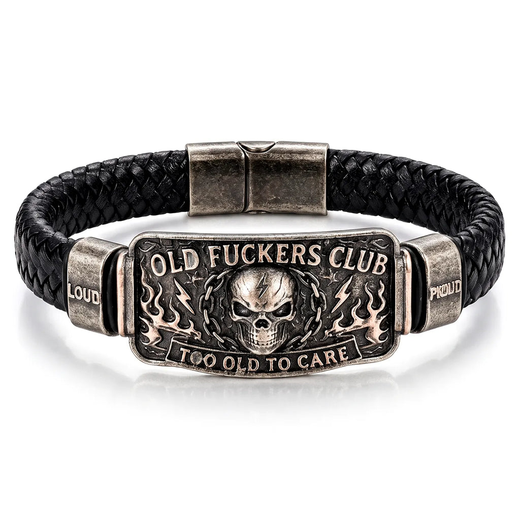 Old Fuckers Club Bracelet for Dad Husband Grandpa Too Old To Care Skull Bracelet Punk Gothic Metal Bracelet Braided Bracelets Jewelry Gifts for Men