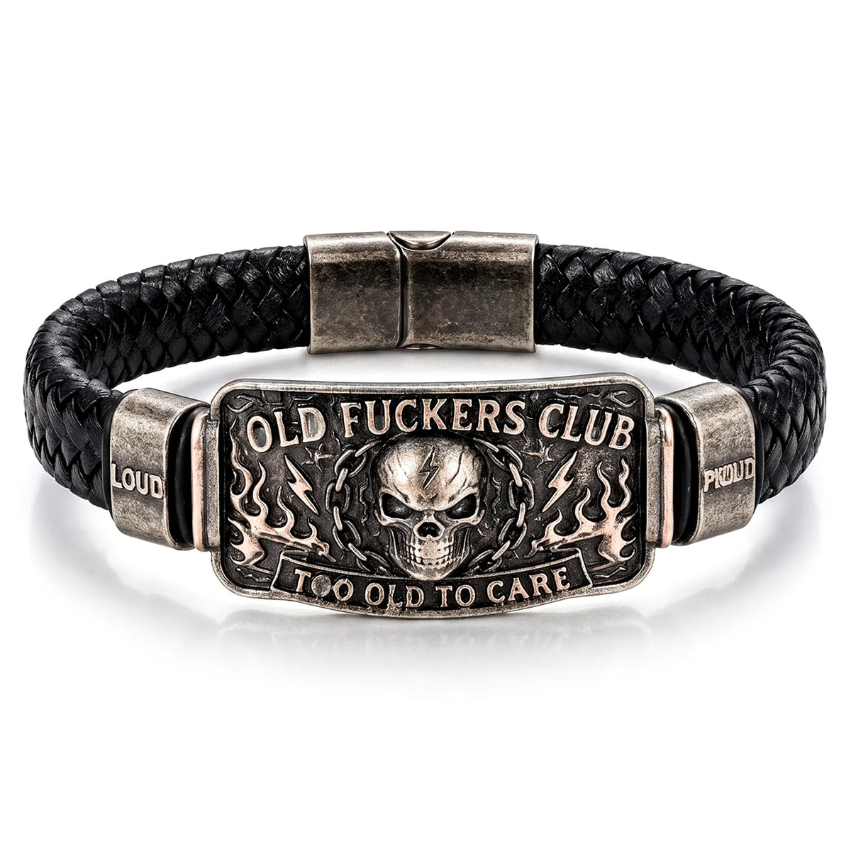 Old Fuckers Club Bracelet for Dad Husband Grandpa Too Old To Care Skull Bracelet Punk Gothic Metal Bracelet Braided Bracelets Jewelry Gifts for Men