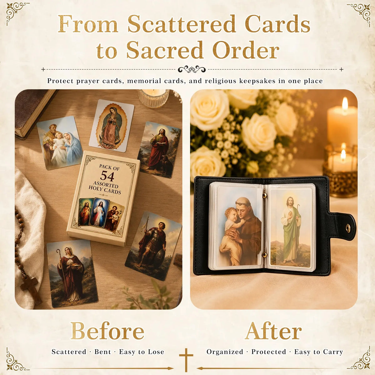 Leather Holy Card Holder Pink for Women | Pocket Prayer Card Organizer with Snap Closure | 54 Inspirational Catholic Prayer Cards Set