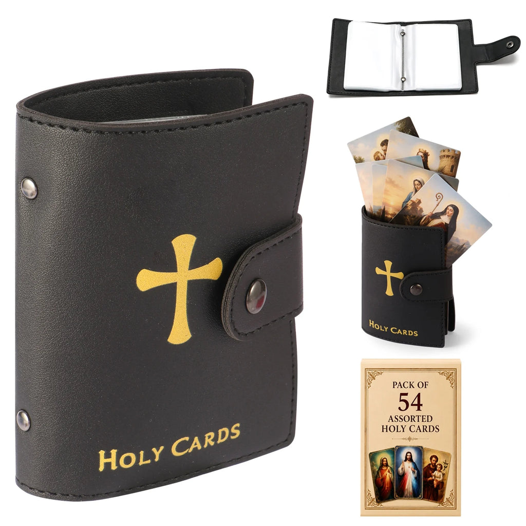 Leather Holy Card Holder Pink for Women | Pocket Prayer Card Organizer with Snap Closure | 54 Inspirational Catholic Prayer Cards Set