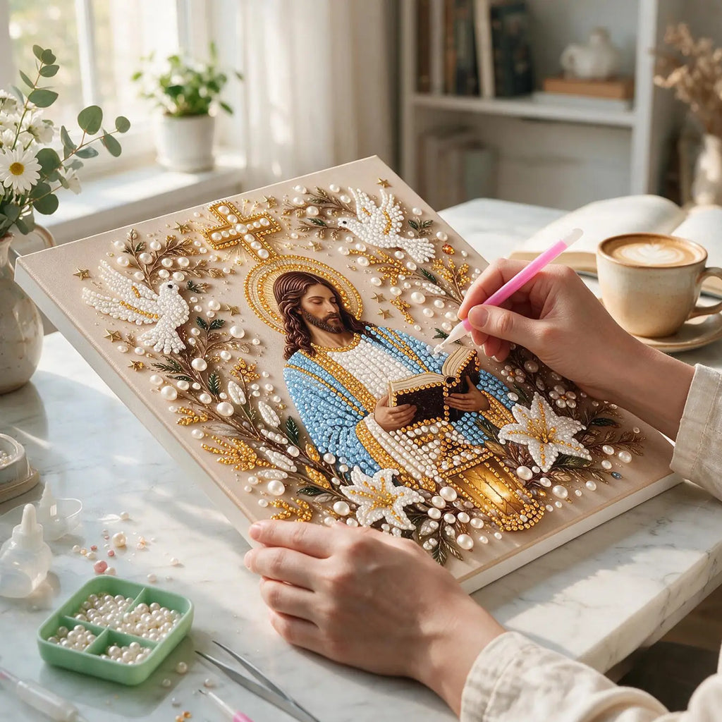 DIY Jesus Pearl Diamond Art Kits for Adults,5D Craft Bead Wall Art,10X10 inches Framed Pearl Art Kit,Holy Family Mosaic Painting,Christian Home Wall Decor,Religious Gift for Faith Believer