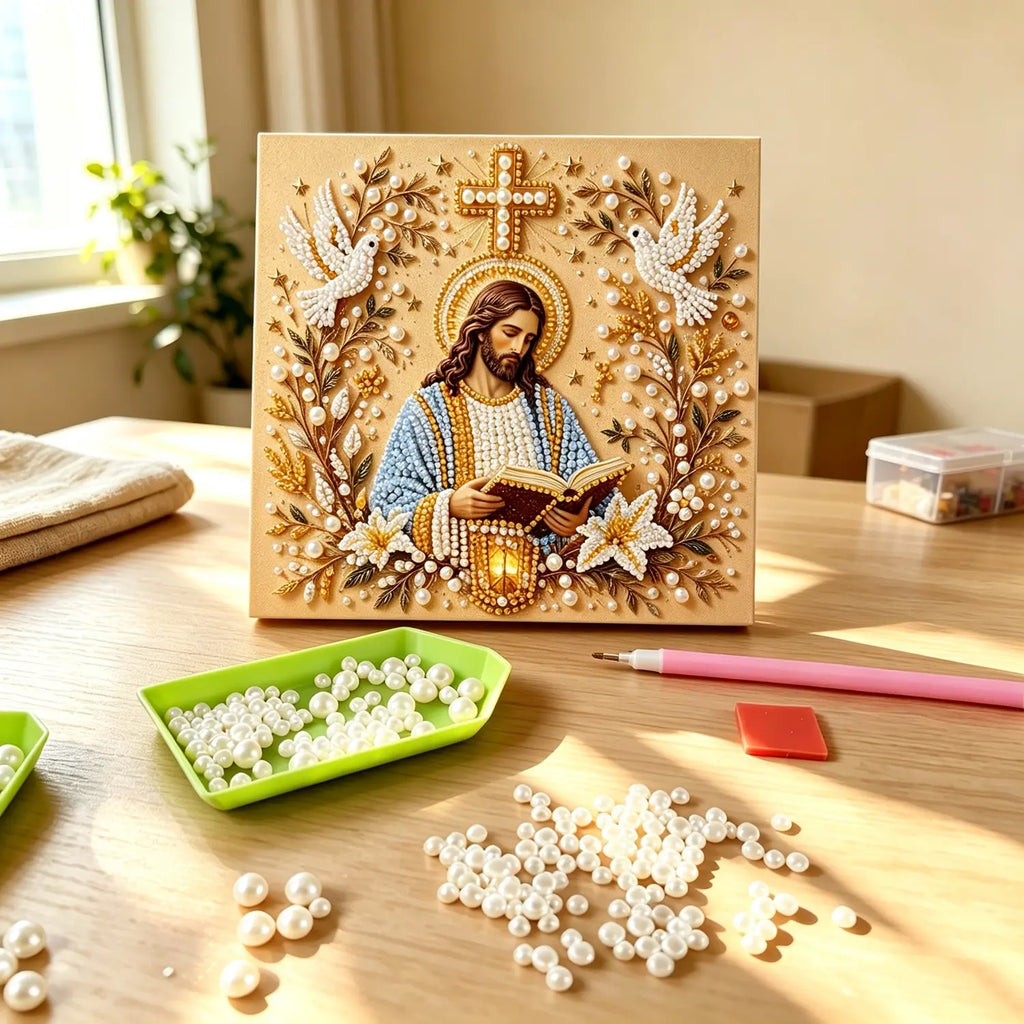 DIY Jesus Pearl Diamond Art Kits for Adults,5D Craft Bead Wall Art,10X10 inches Framed Pearl Art Kit,Holy Family Mosaic Painting,Christian Home Wall Decor,Religious Gift for Faith Believer