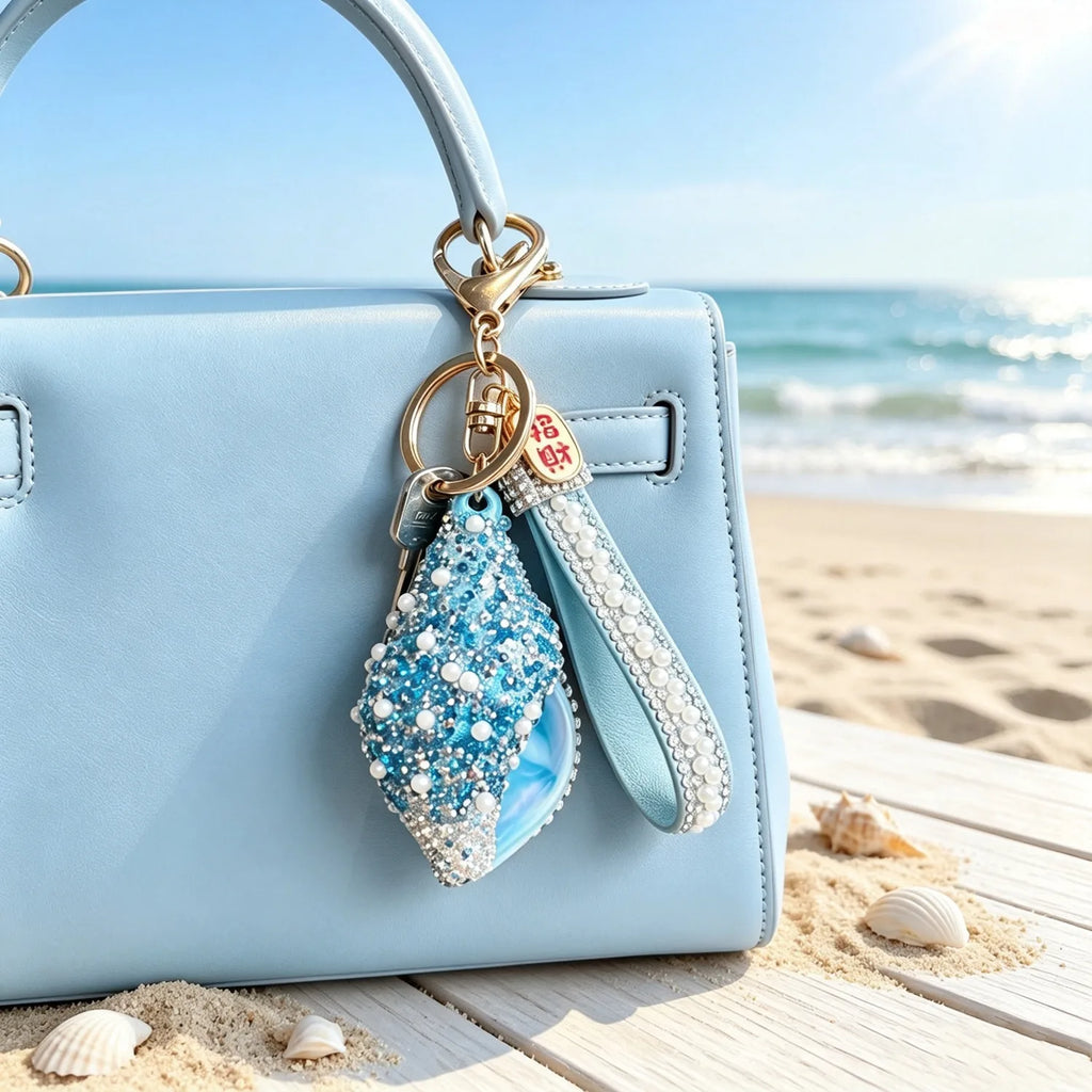 Lucky Conch Beach Bag Charm for Women,Seashell Purse Charm,Preppy Keychain,Blue Rhinestone Beach‑themed Accessory,Works for Tote Bags &Handbags,Lightweight Durable Hardware,Ideal Summer Gift for Girls