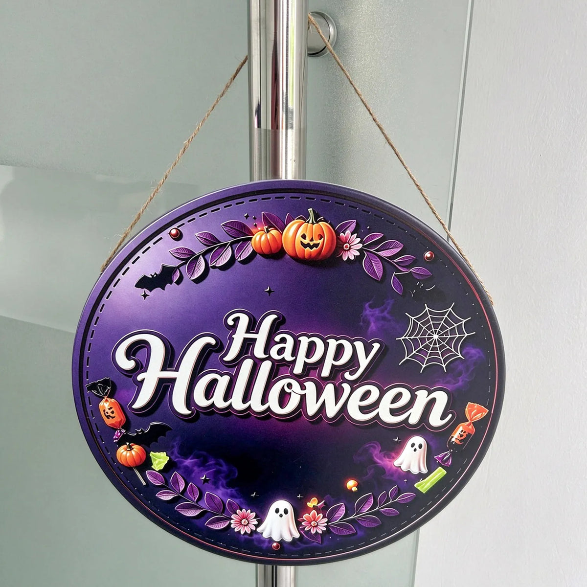Christmas Halloween Metal Sign,Vintage Round Tin Wall Poster Decorations,12*12inches,Merry Christmas Happy Halloween Indoor Outdoor Hanging Ornament,Fall Farmhouse Door Porch Kitchen Bar Cafe Decoration,Funny Ghost Pumpkin