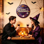 Christmas Halloween Metal Sign,Vintage Round Tin Wall Poster Decorations,12*12inches,Merry Christmas Happy Halloween Indoor Outdoor Hanging Ornament,Fall Farmhouse Door Porch Kitchen Bar Cafe Decoration,Funny Ghost Pumpkin