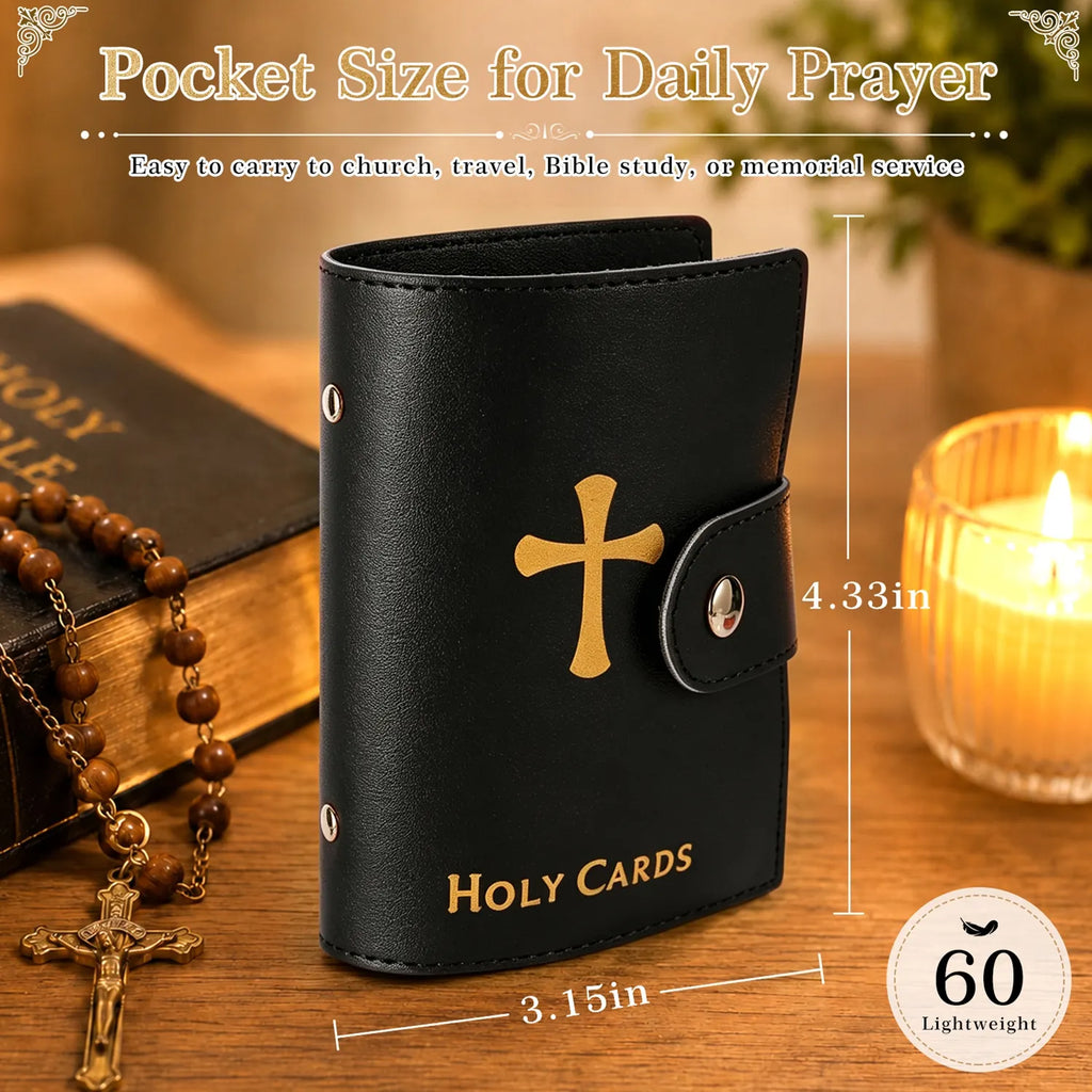 Leather Holy Card Holder Pink for Women | Pocket Prayer Card Organizer with Snap Closure | 54 Inspirational Catholic Prayer Cards Set