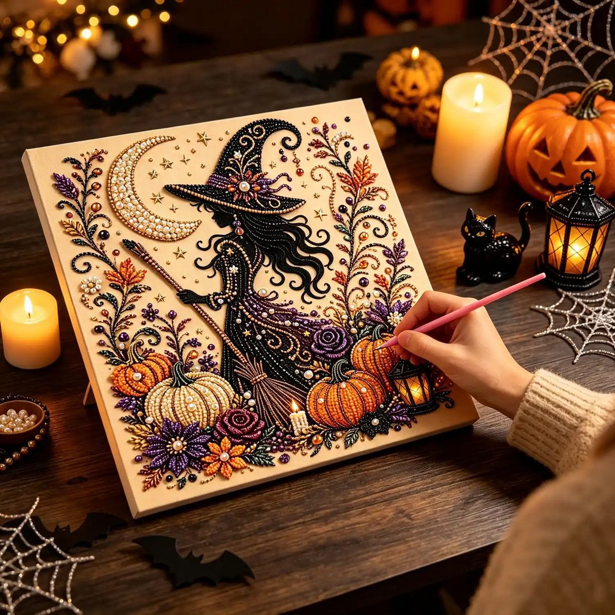 DIY Halloween Pearl Diamond Art Kits for Adults,Craft Bead Wall Art,8x8 inches Framed Pearl Art Kit,Fun DIY Craft Project Mosaic Painting,Halloween Home Wall Decor,Gift for Holiday Decoration