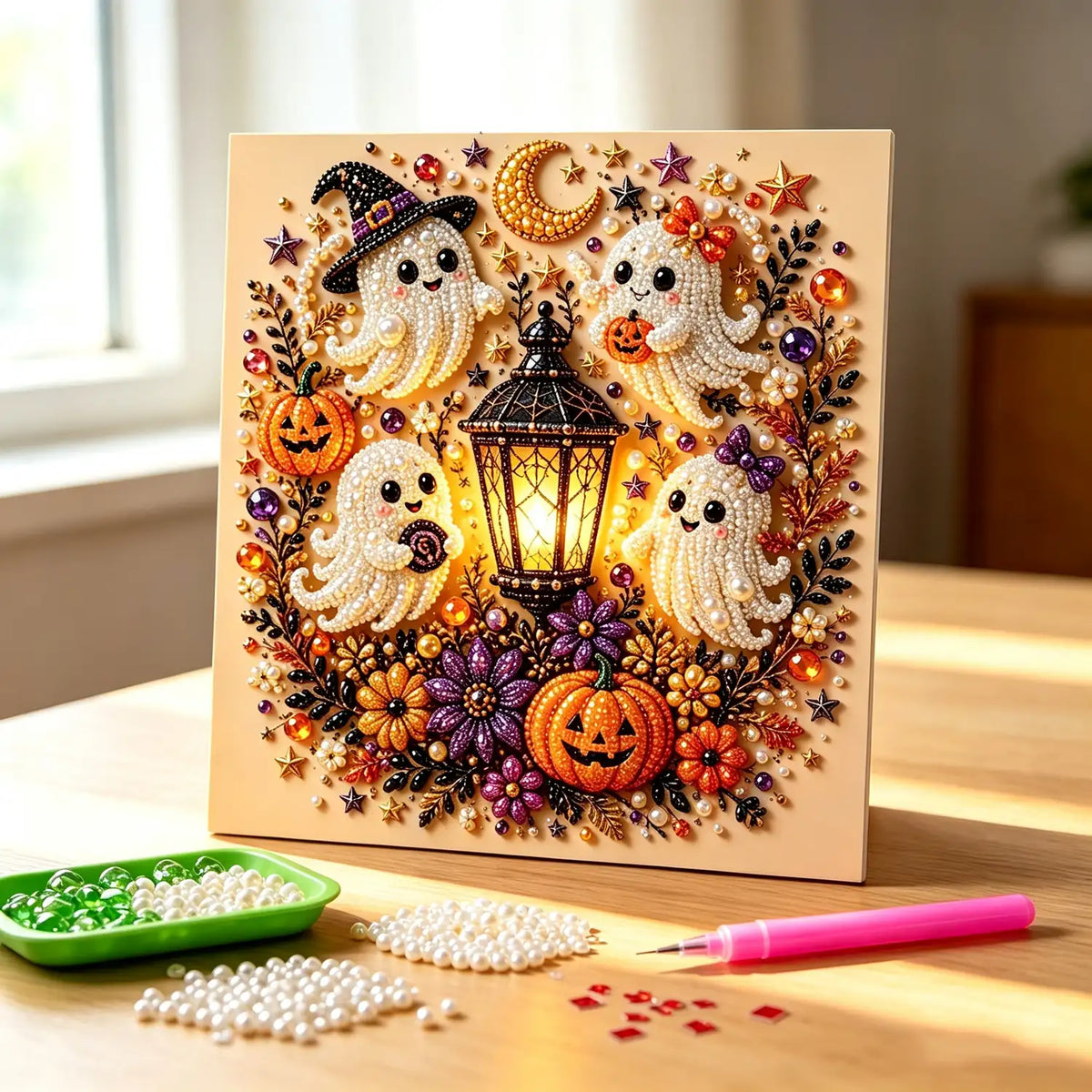 DIY Halloween Pearl Diamond Art Kits for Adults,Craft Bead Wall Art,8x8 inches Framed Pearl Art Kit,Fun DIY Craft Project Mosaic Painting,Halloween Home Wall Decor,Gift for Holiday Decoration