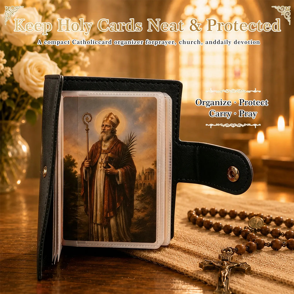 Leather Holy Card Holder Pink for Women | Pocket Prayer Card Organizer with Snap Closure | 54 Inspirational Catholic Prayer Cards Set