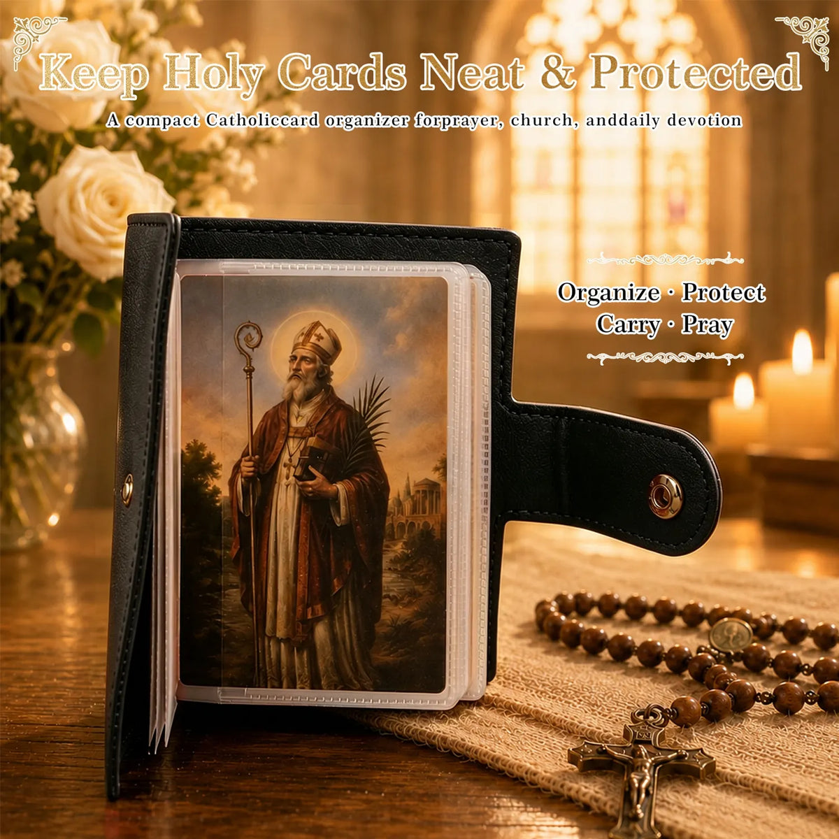 Leather Holy Card Holder Pink for Women | Pocket Prayer Card Organizer with Snap Closure | 54 Inspirational Catholic Prayer Cards Set