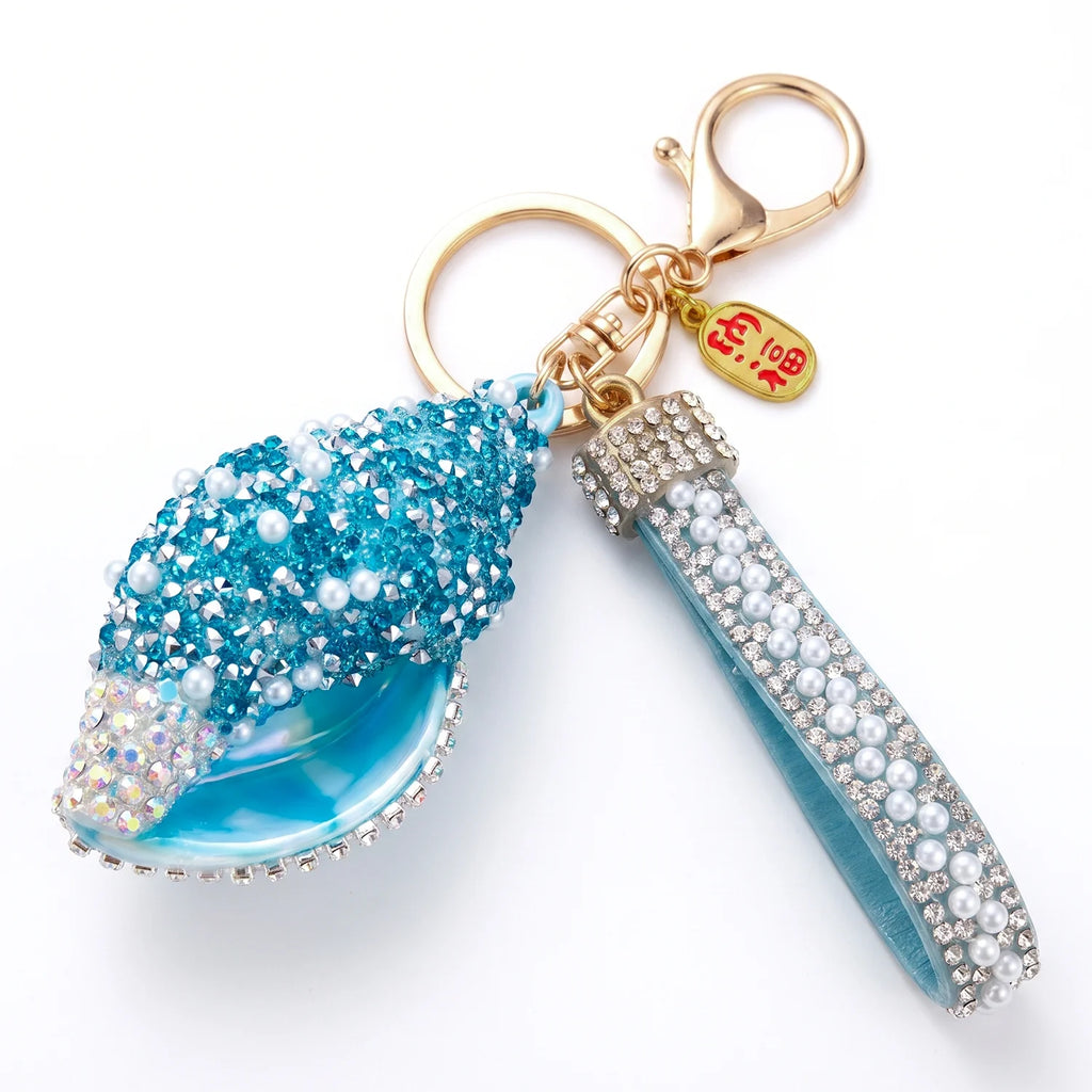 Lucky Conch Beach Bag Charm for Women,Seashell Purse Charm,Preppy Keychain,Blue Rhinestone Beach‑themed Accessory,Works for Tote Bags &Handbags,Lightweight Durable Hardware,Ideal Summer Gift for Girls