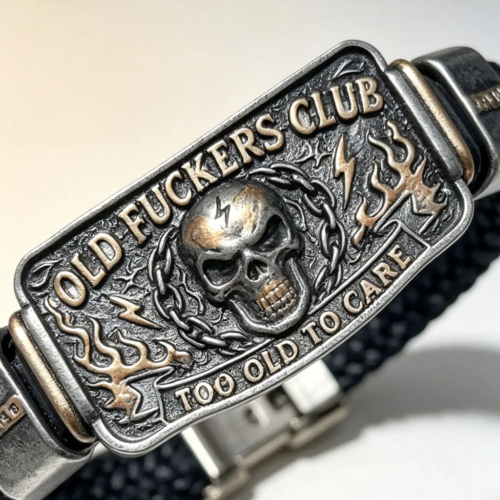 Old Fuckers Club Bracelet for Dad Husband Grandpa Too Old To Care Skull Bracelet Punk Gothic Metal Bracelet Braided Bracelets Jewelry Gifts for Men